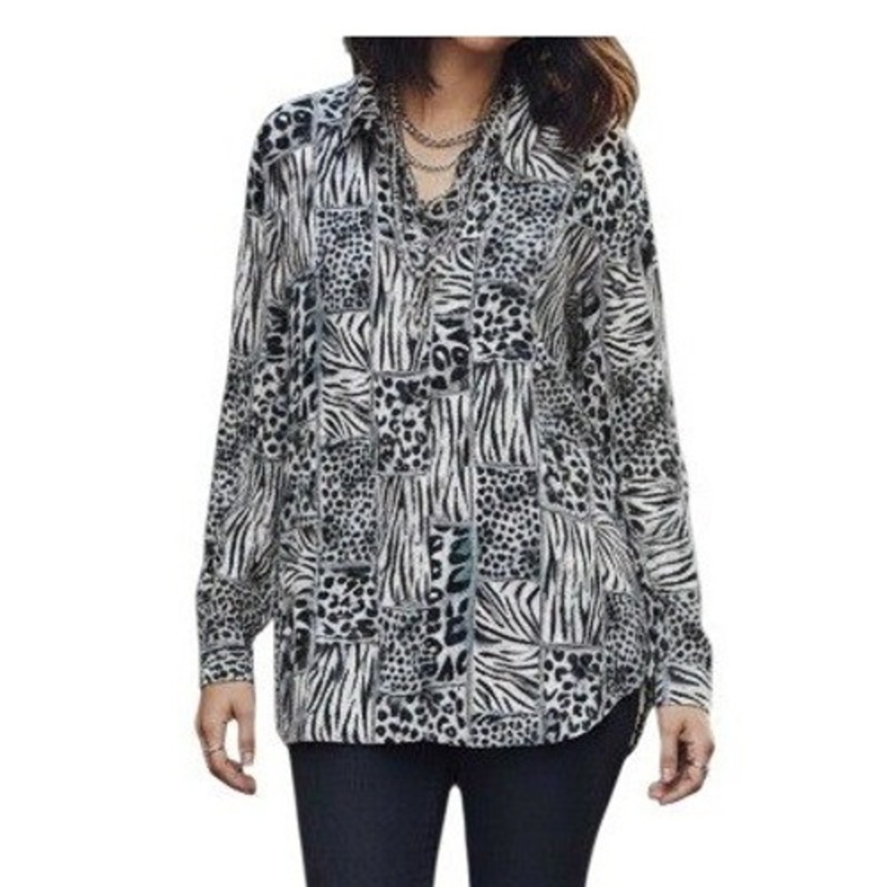 Alfred Dunner Button Up Shirt Womens 22W‎ Animal Print Patchwork Long Sleeve